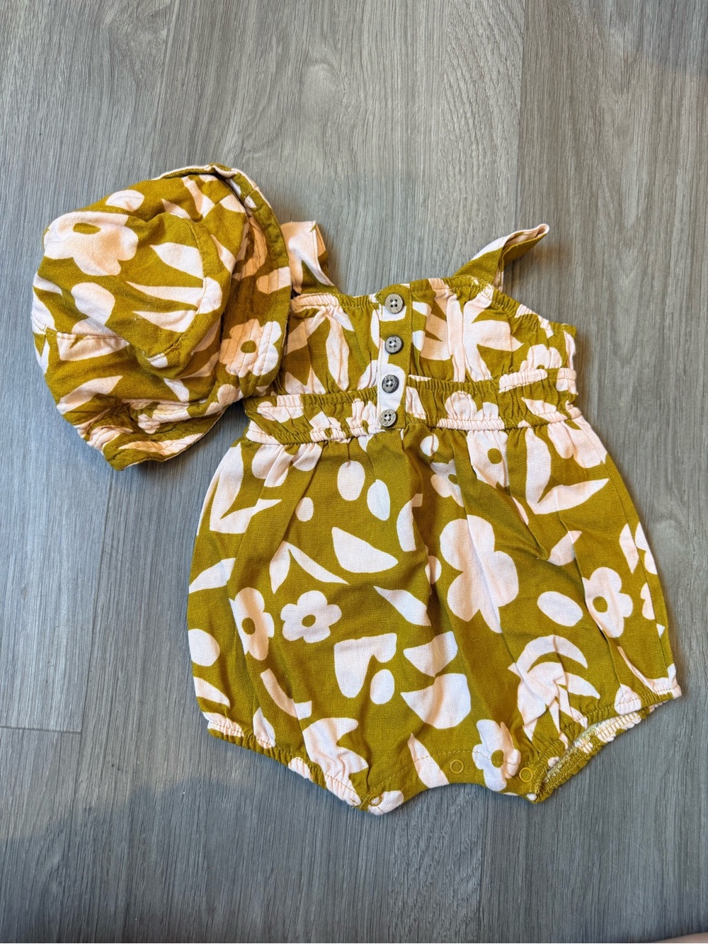 Volcom Olive Green & Cream Floral Baby Romper with Matching Hat